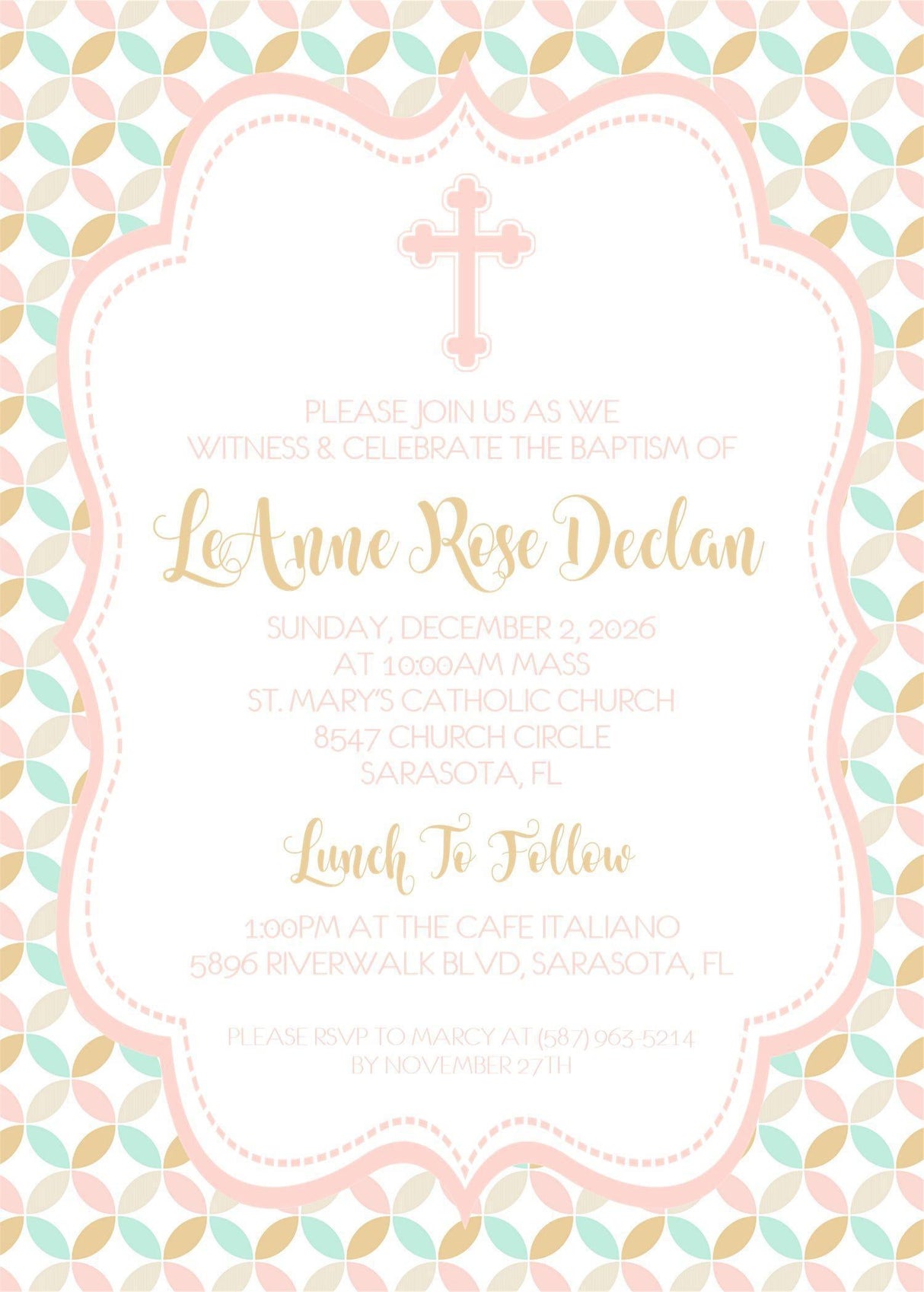 Pink, Mint & Beige Baptism Invitations