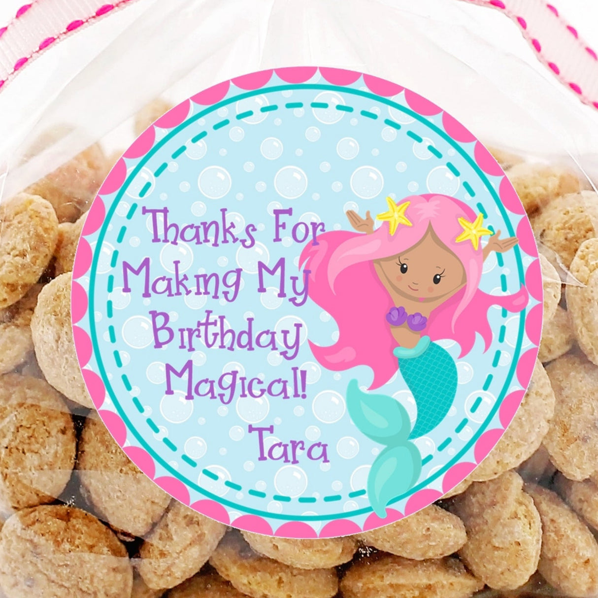 Pink-haired mermaid birthday sticker with starfish accessories and teal tail