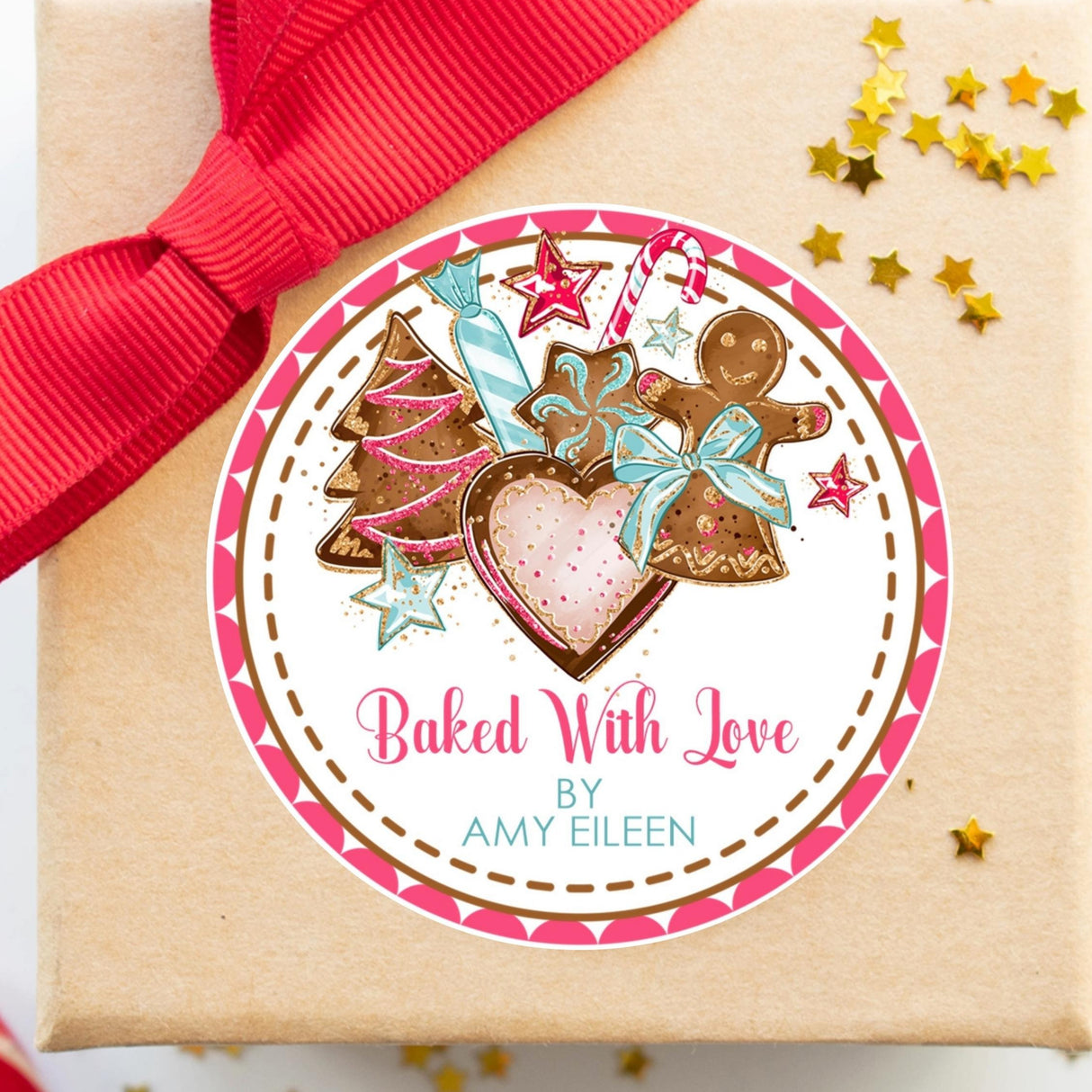 Pink Christmas cookie exchange sticker with illustrated holiday cookies