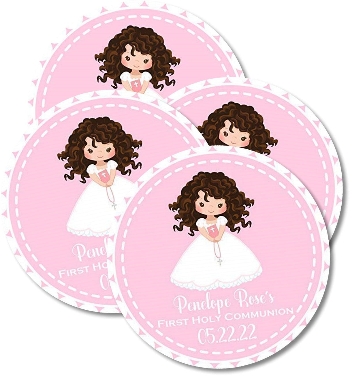 Pink Communion favor label featuring girl with rosary