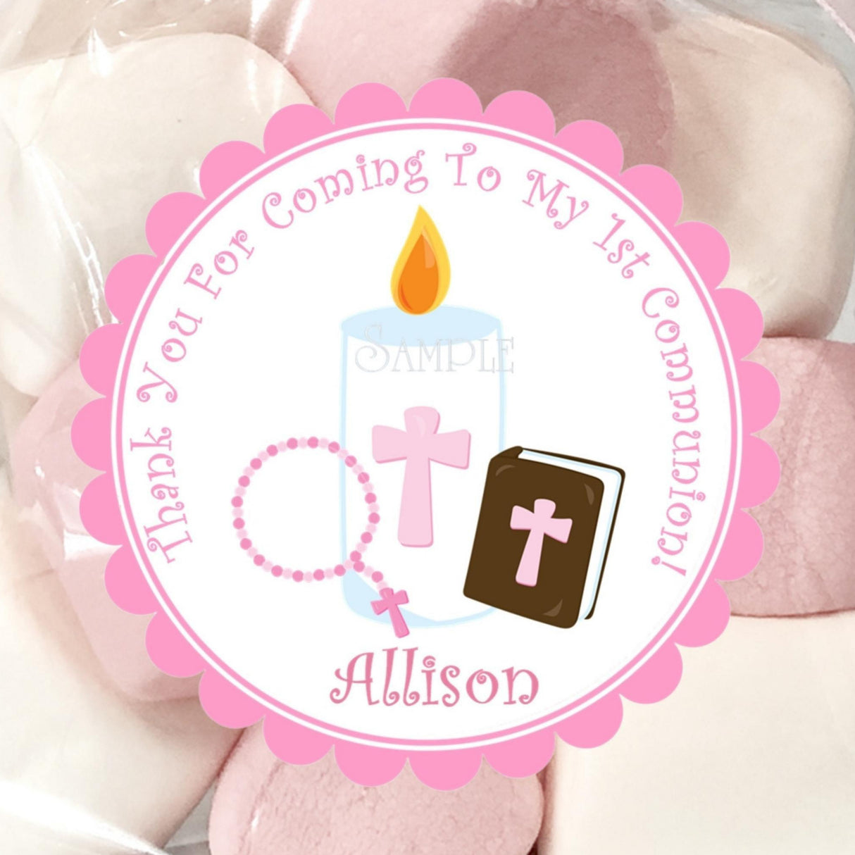 Pink First Communion sticker with candle and rosary