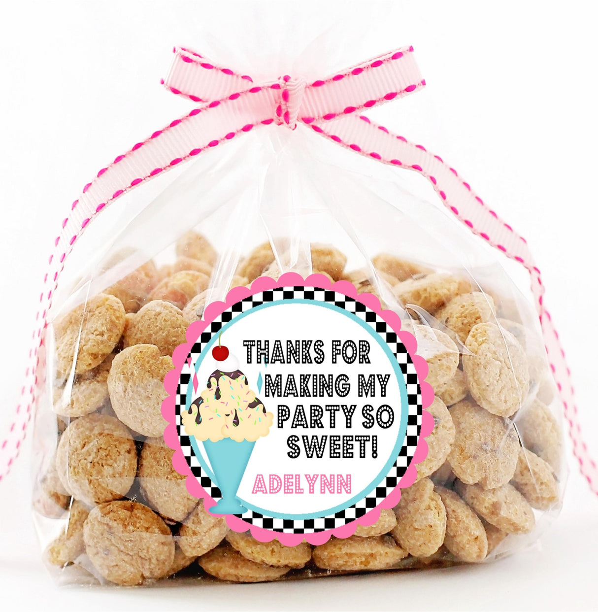 Pink and aqua ice cream sundae sticker for birthday party favors