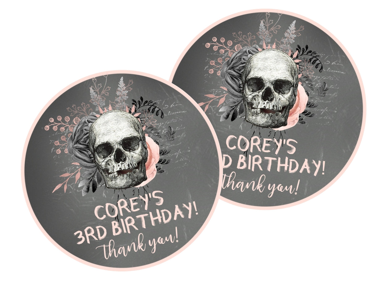 Pink and black skull Halloween birthday sticker