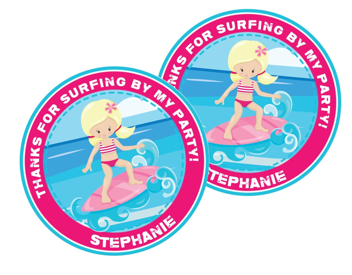 Pink and blue surf birthday party label