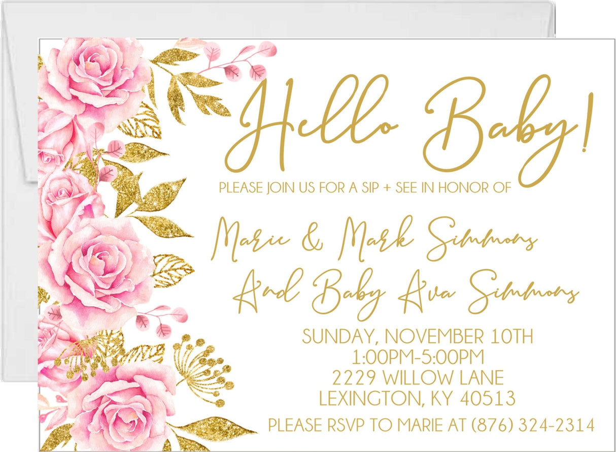 Pink and gold Hello Baby sip and see invitation floral design