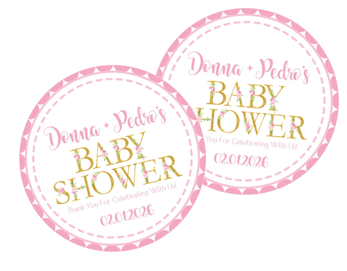 Pink and gold baby shower sticker with small pink flower accents