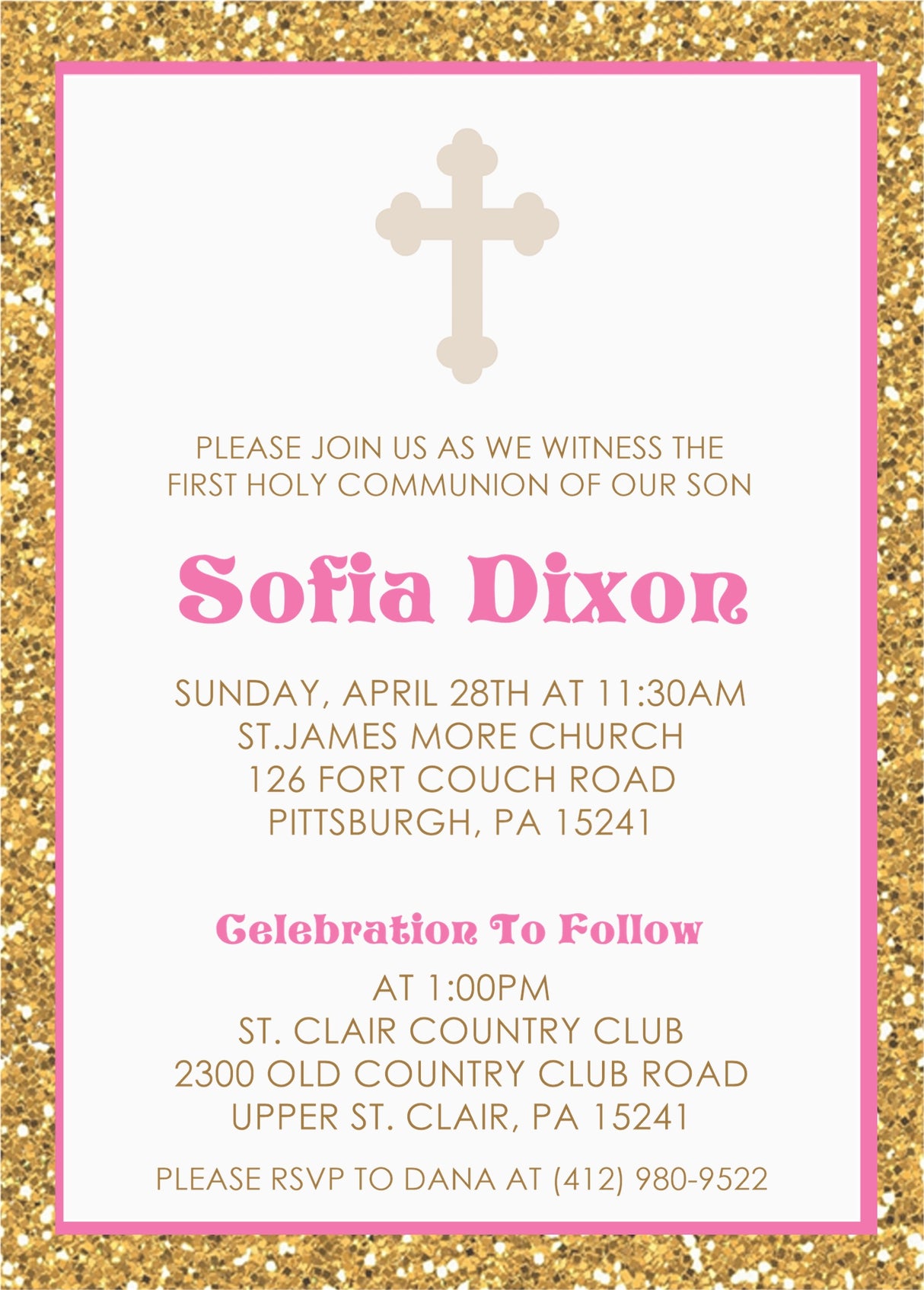 Pink and gold first holy communion invitation for girls with cross design