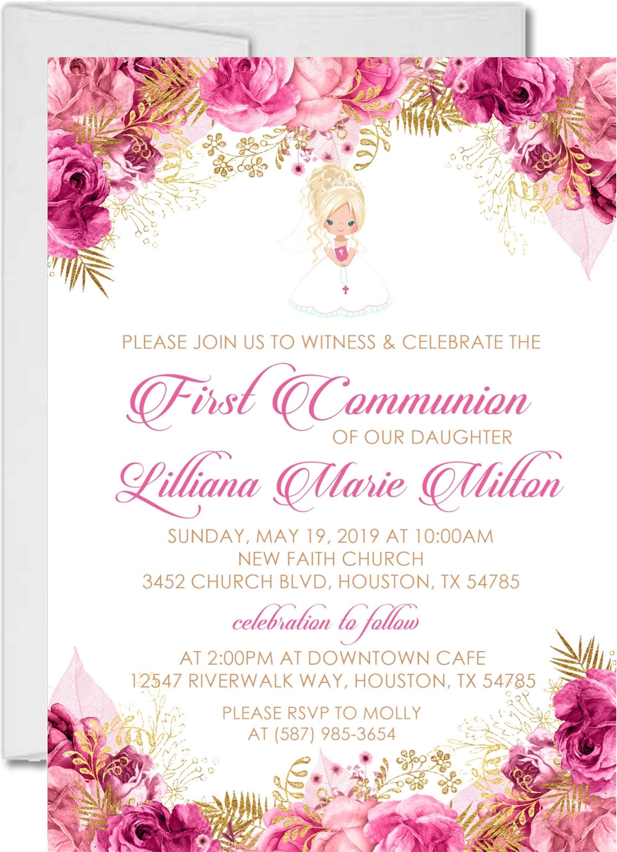 Pink and gold floral First Communion invitation with watercolor roses and girl character option
