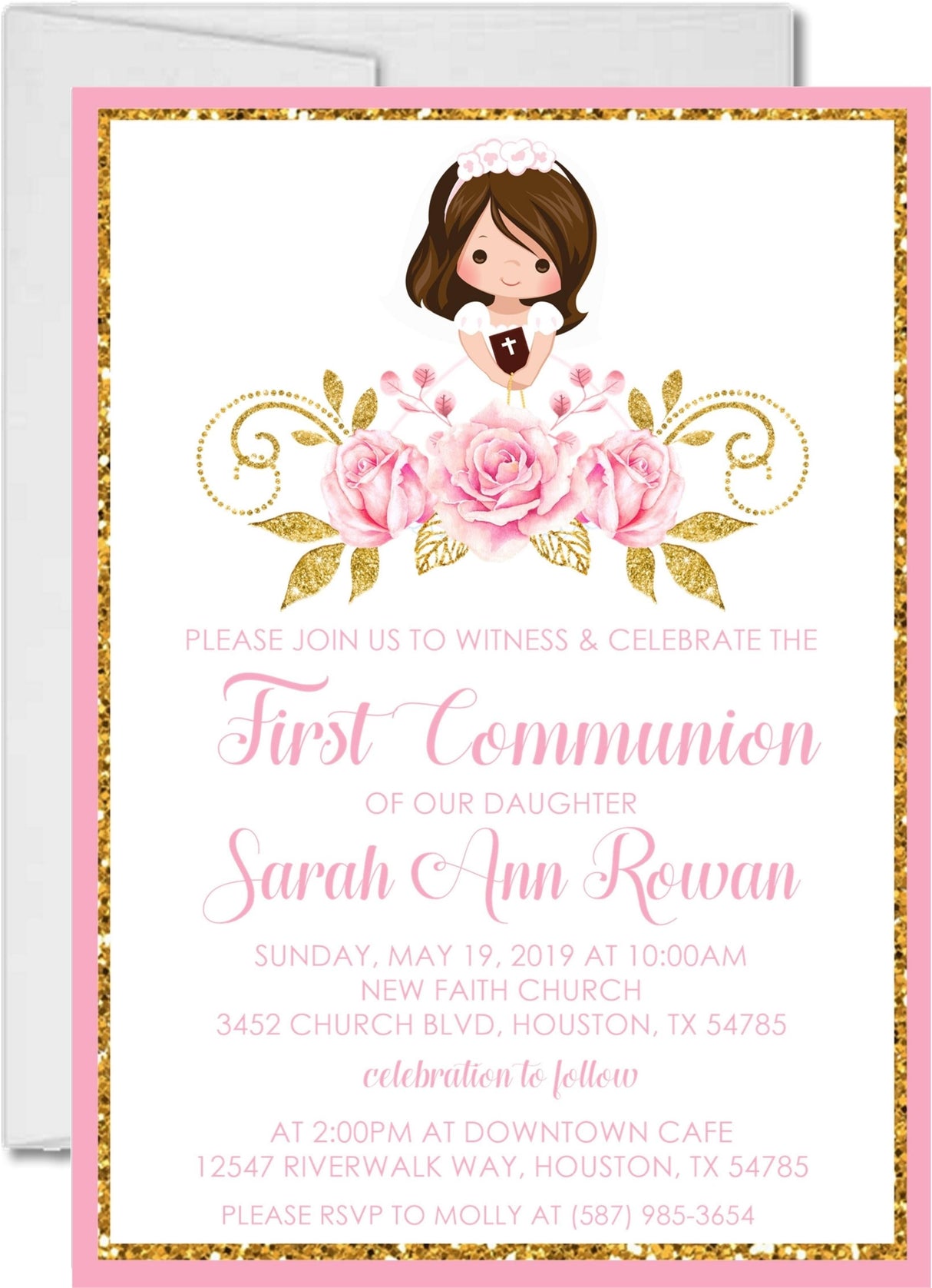 Pink and gold floral first communion invitation with girl character