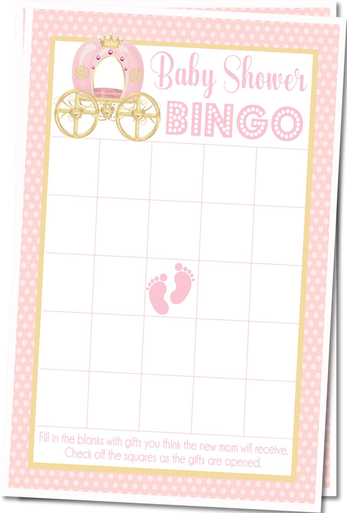 Pink and gold princess baby shower bingo cards printable PDF