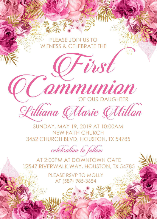 Pink and gold rose First Communion invitation template with elegant script and gold accents