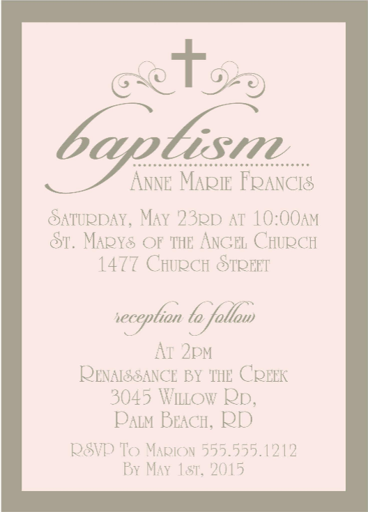 Pink and gray baptism invitation with script lettering and cross design