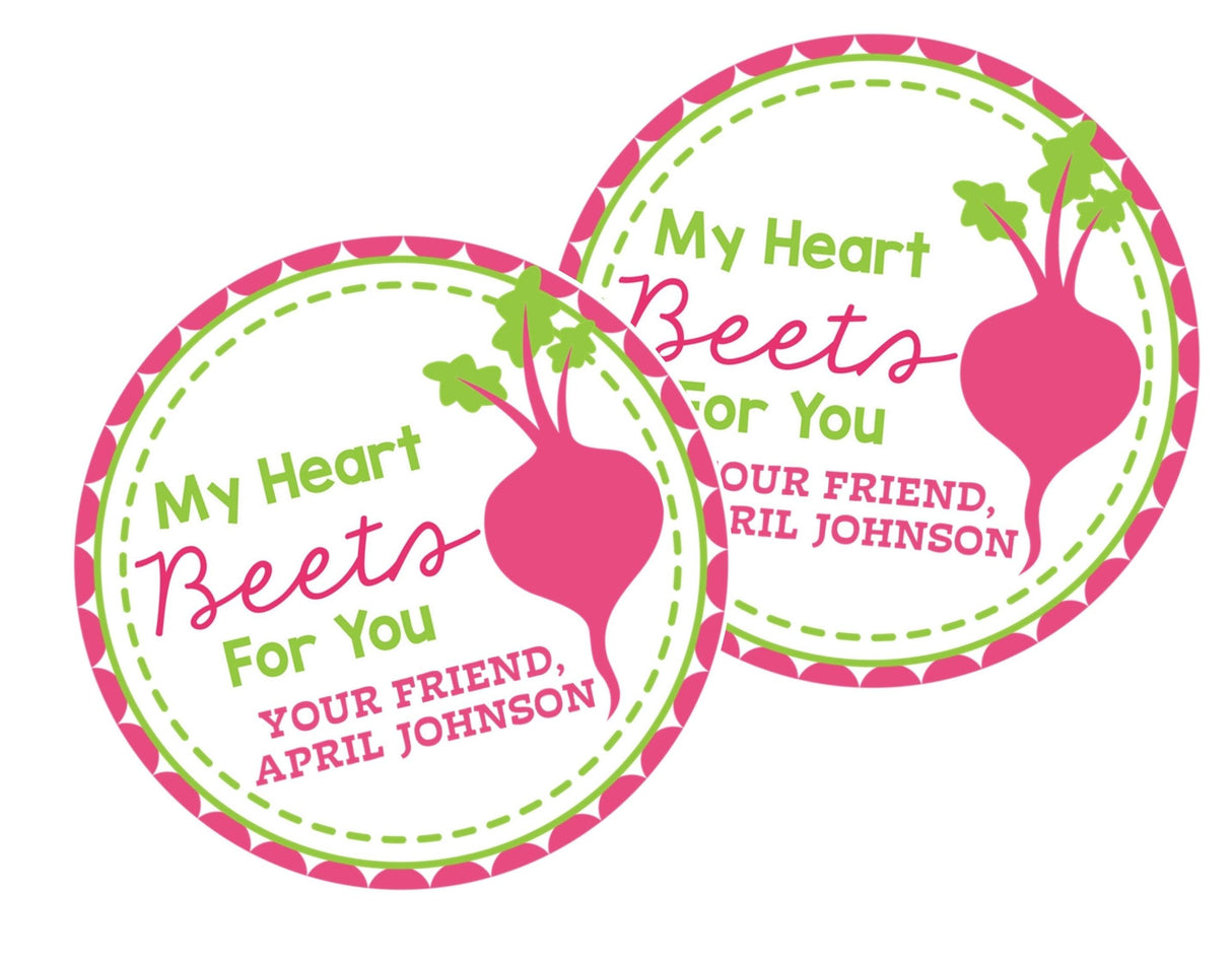 Pink and green beet-themed personalized Valentine label