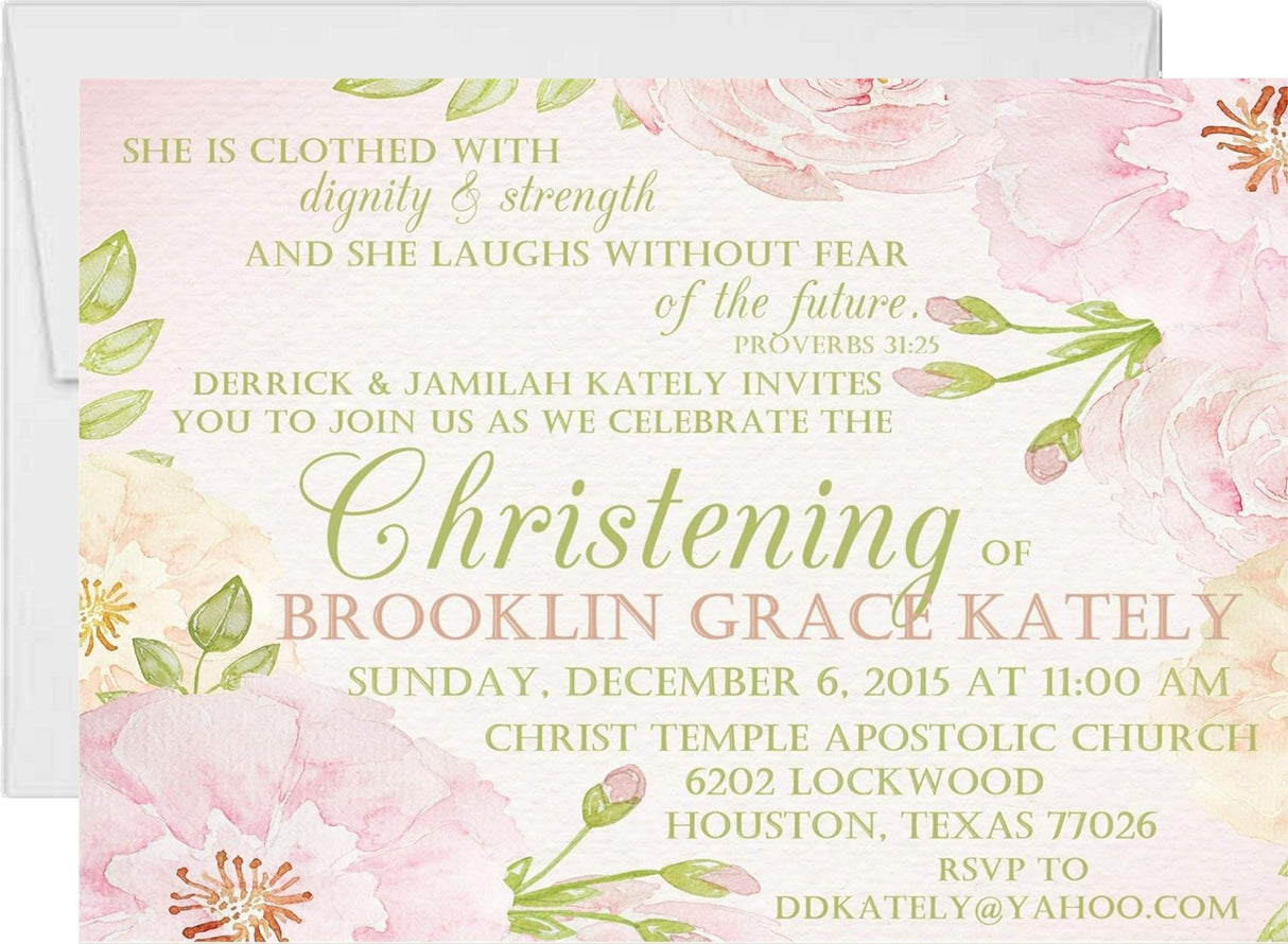 Pink and green floral baptism invitation with watercolor flowers