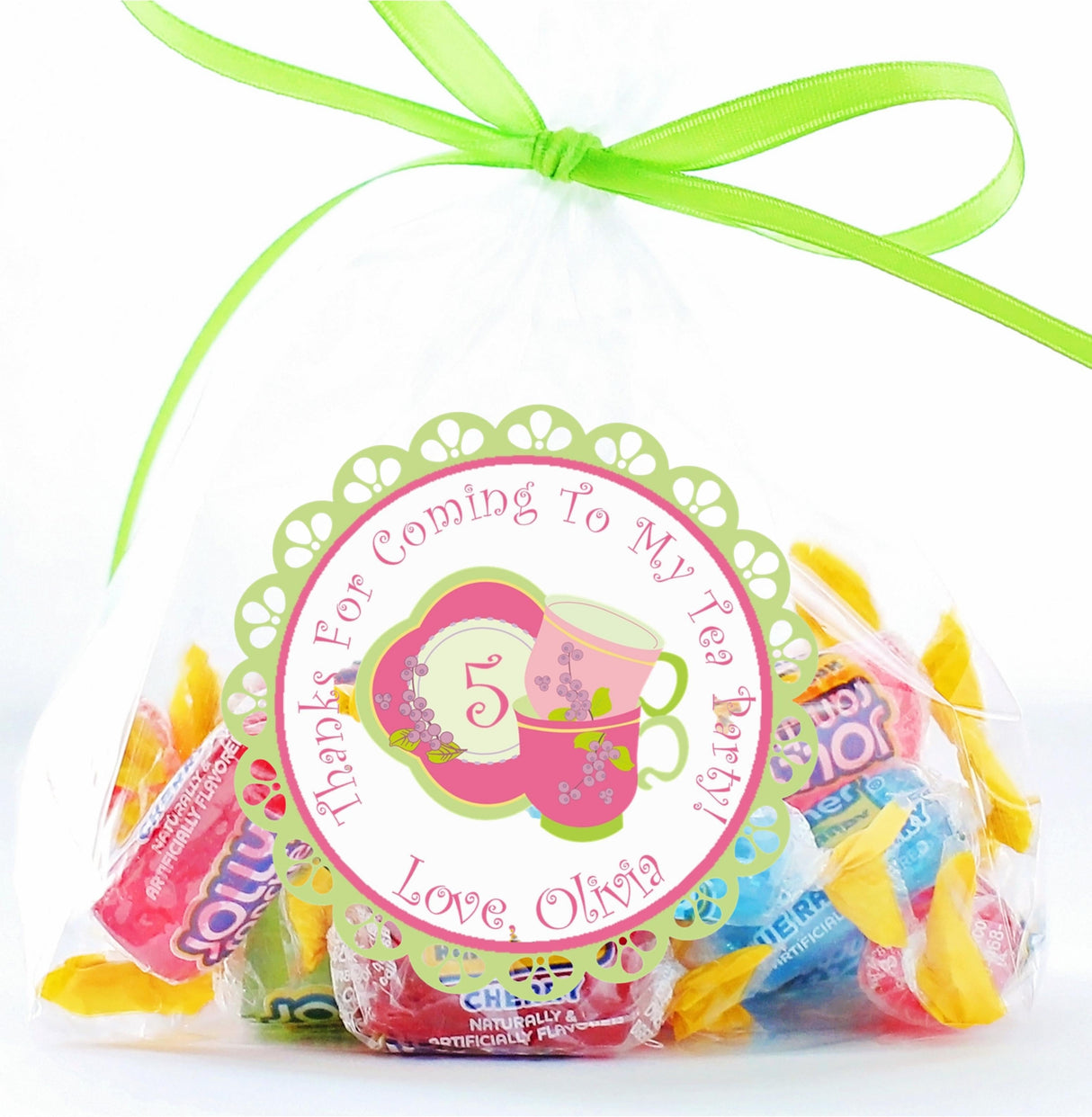 Pink and green teacup birthday label with custom name