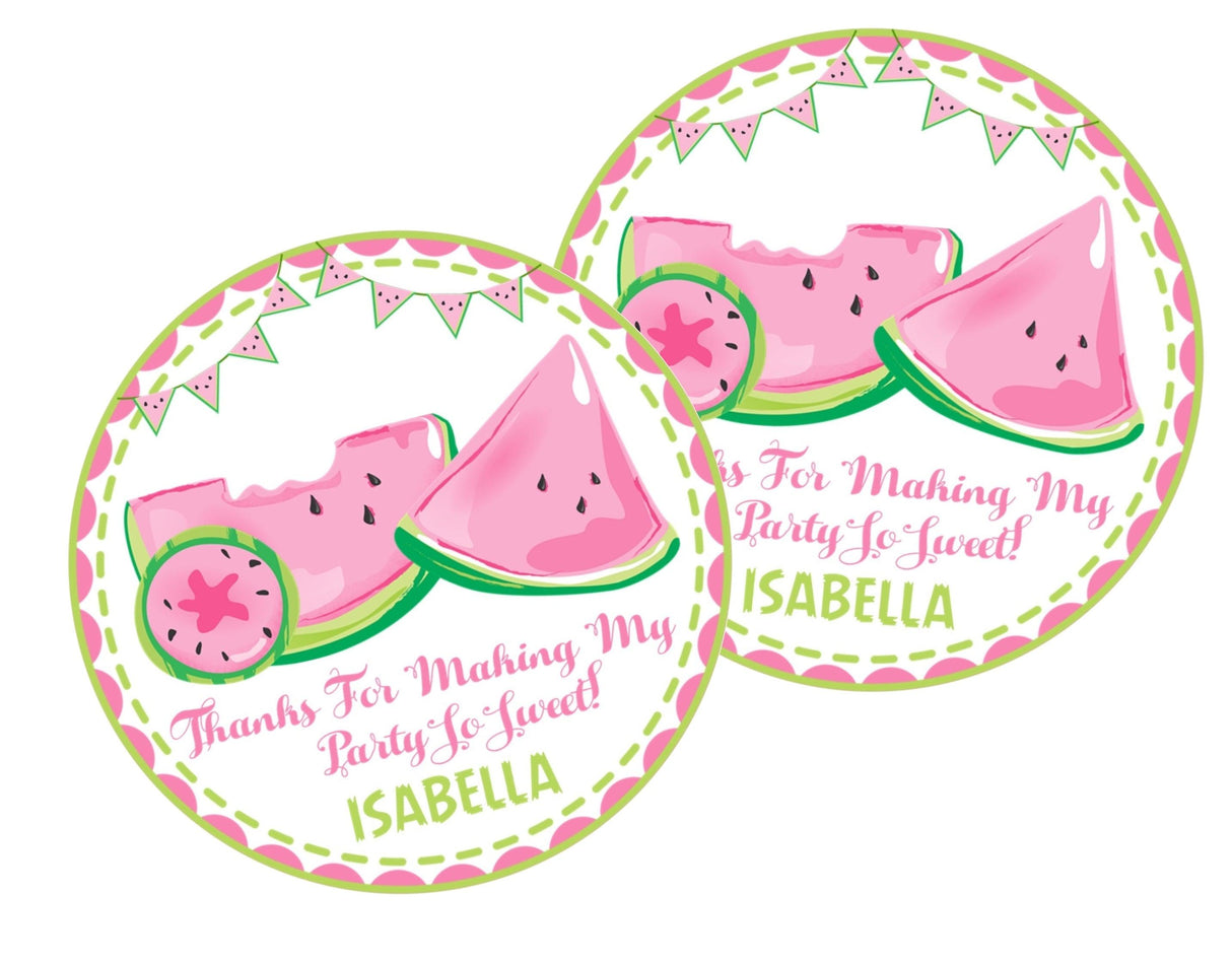 Pink and green watermelon slice birthday favor label