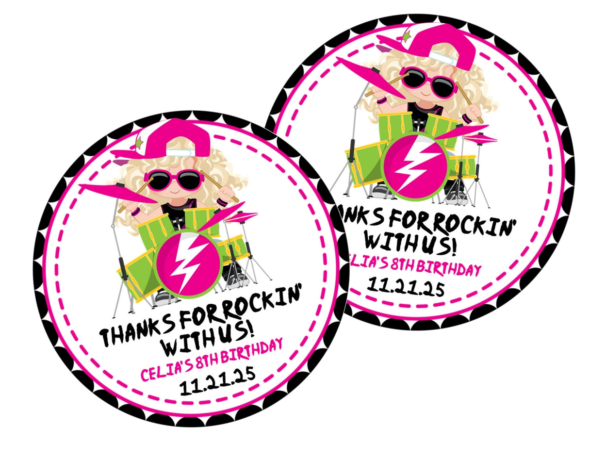 Pink and lime green drummer birthday sticker for girls