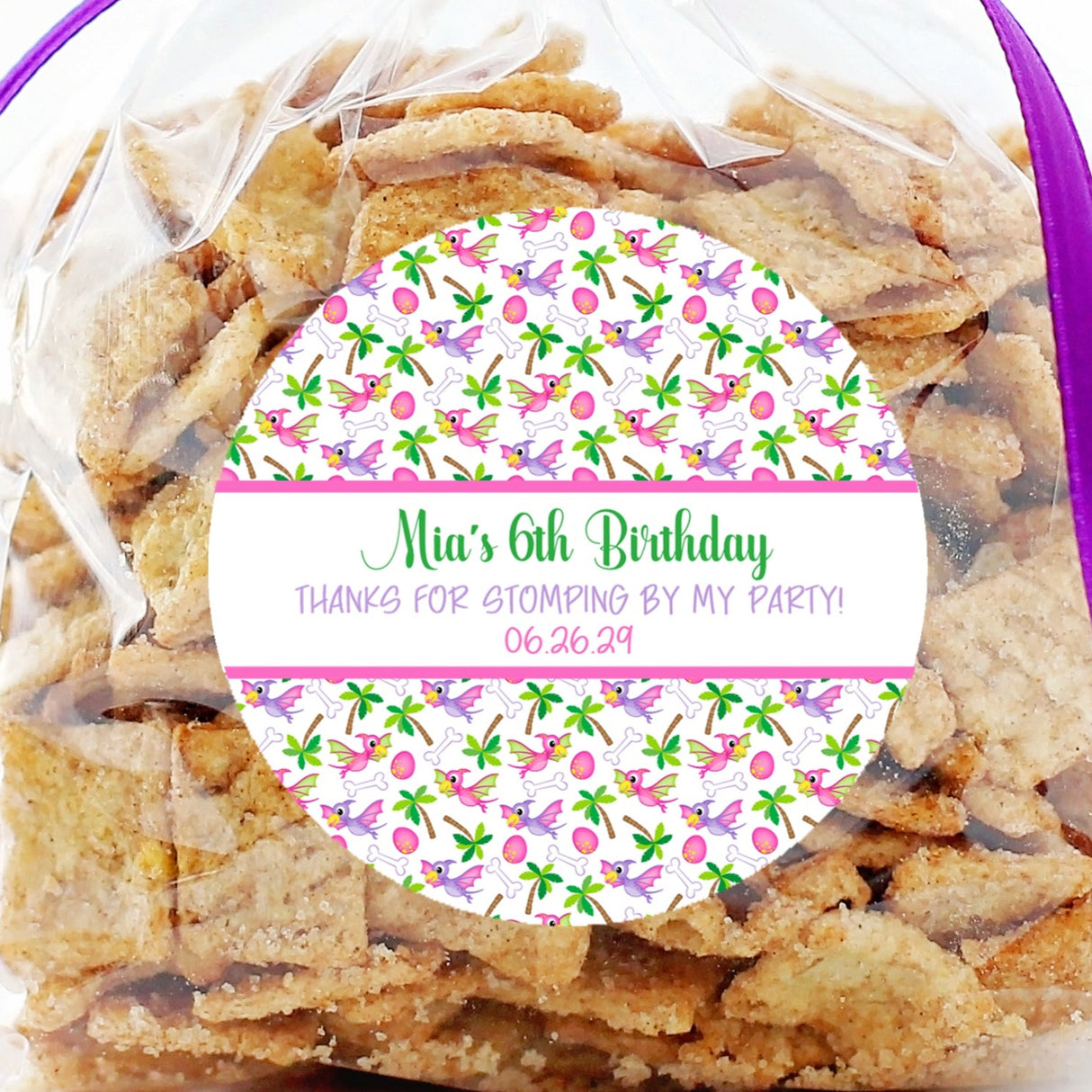 Pink and purple dinosaur sticker with palm trees