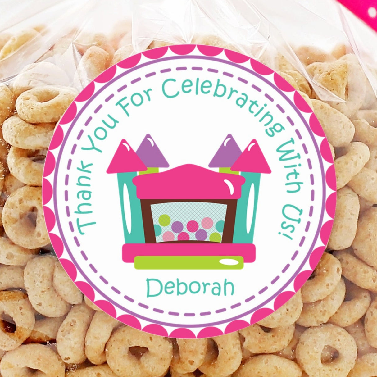 Pink and teal bounce house birthday sticker