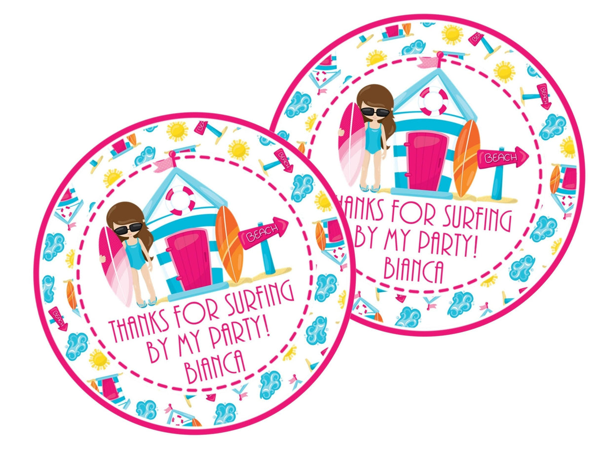 Pink and teal surf party favor label