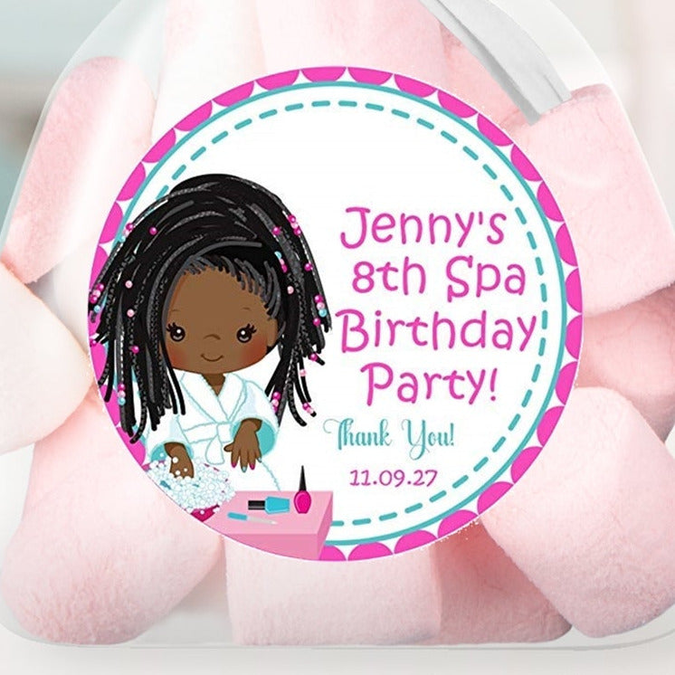 Pink and turquoise spa birthday sticker with brown-skinned character and spa accessories