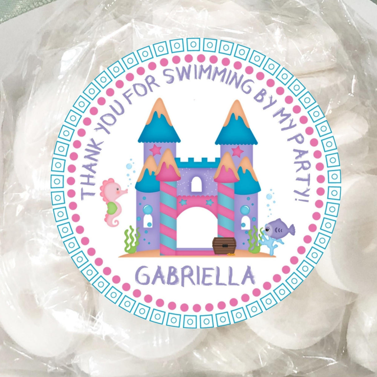 Pink castle under the sea birthday sticker with personalized name