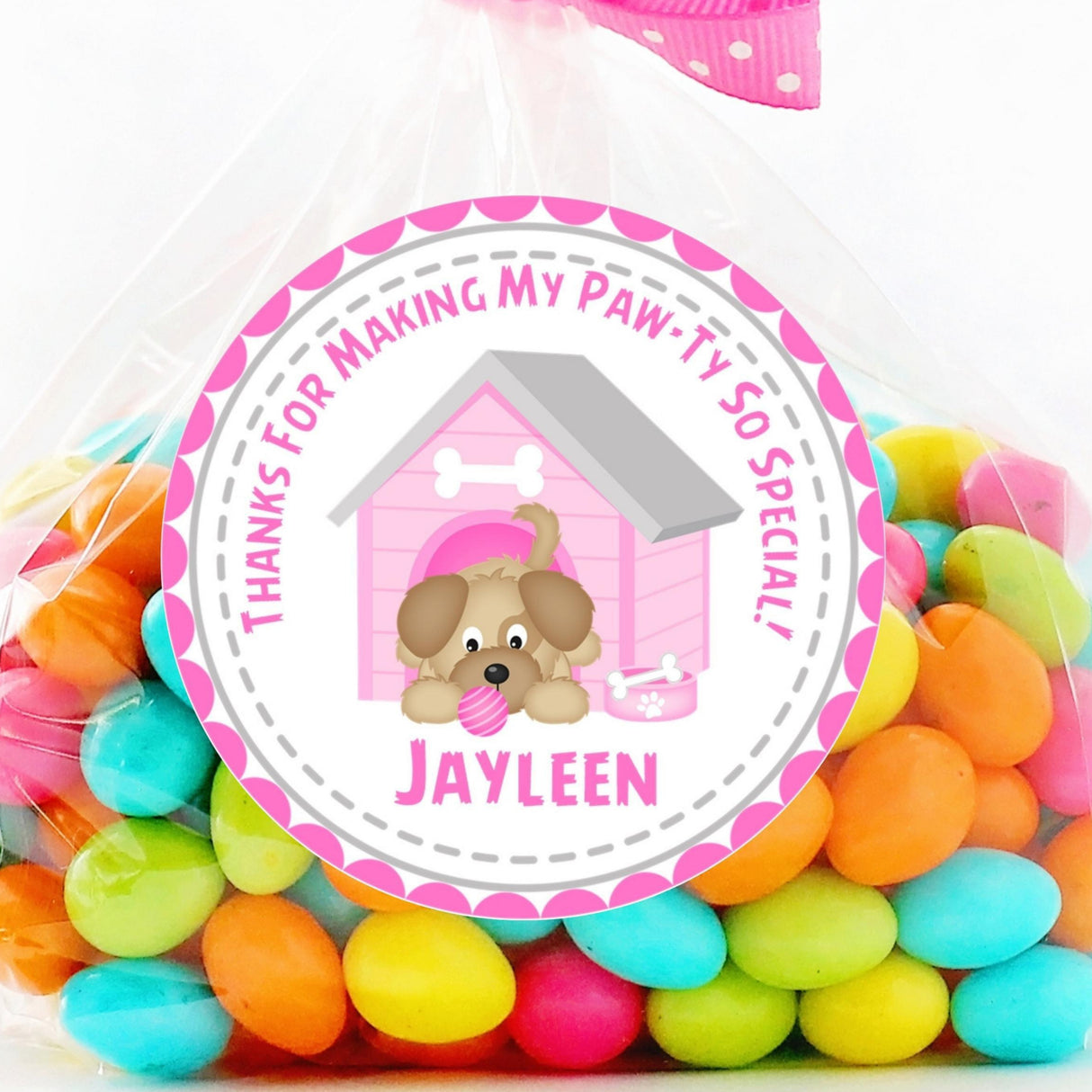 Pink doghouse puppy birthday sticker with pink ball