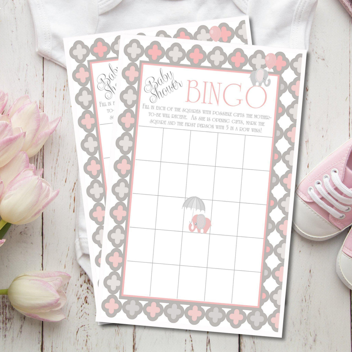Pink elephant baby shower bingo printable PDF