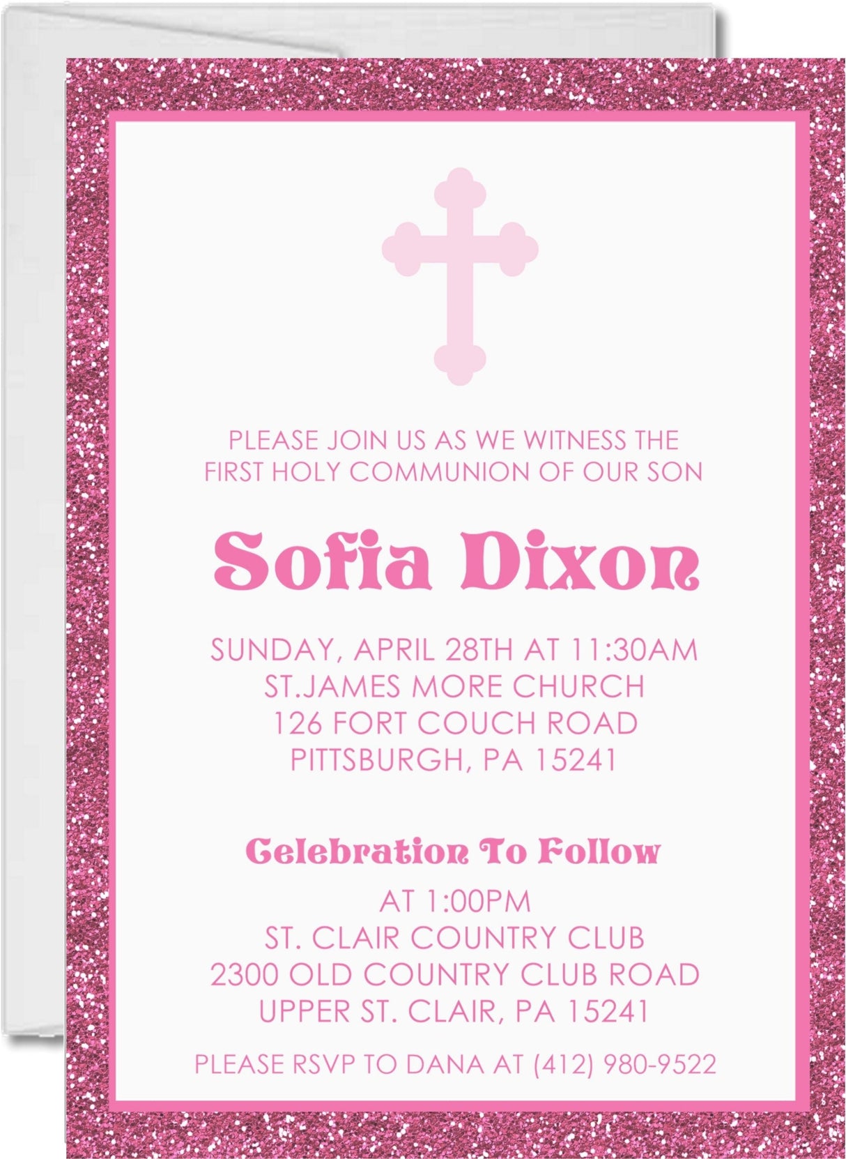 Pink first holy communion invitation with soft pink border no glitter