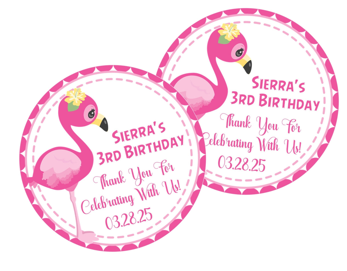 Pink flamingo birthday sticker with tropical accents