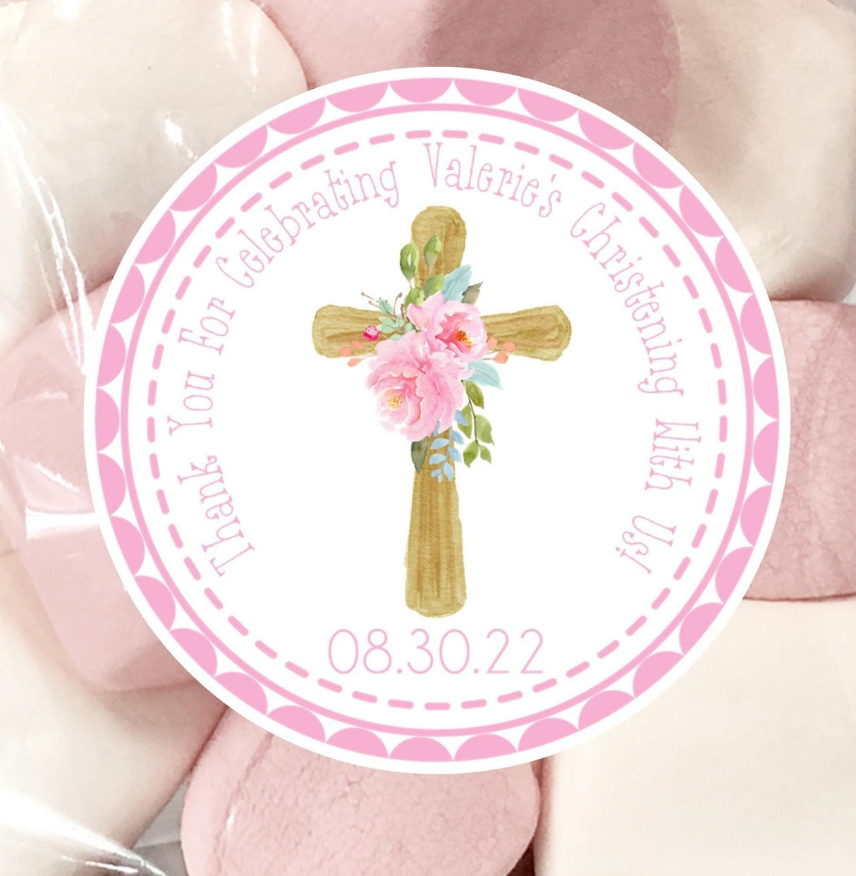 Pink floral baptism sticker with cross design