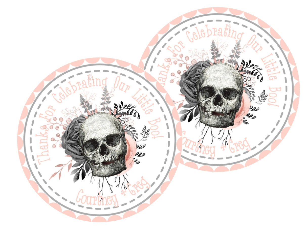 Pink floral skull baby shower sticker on white background