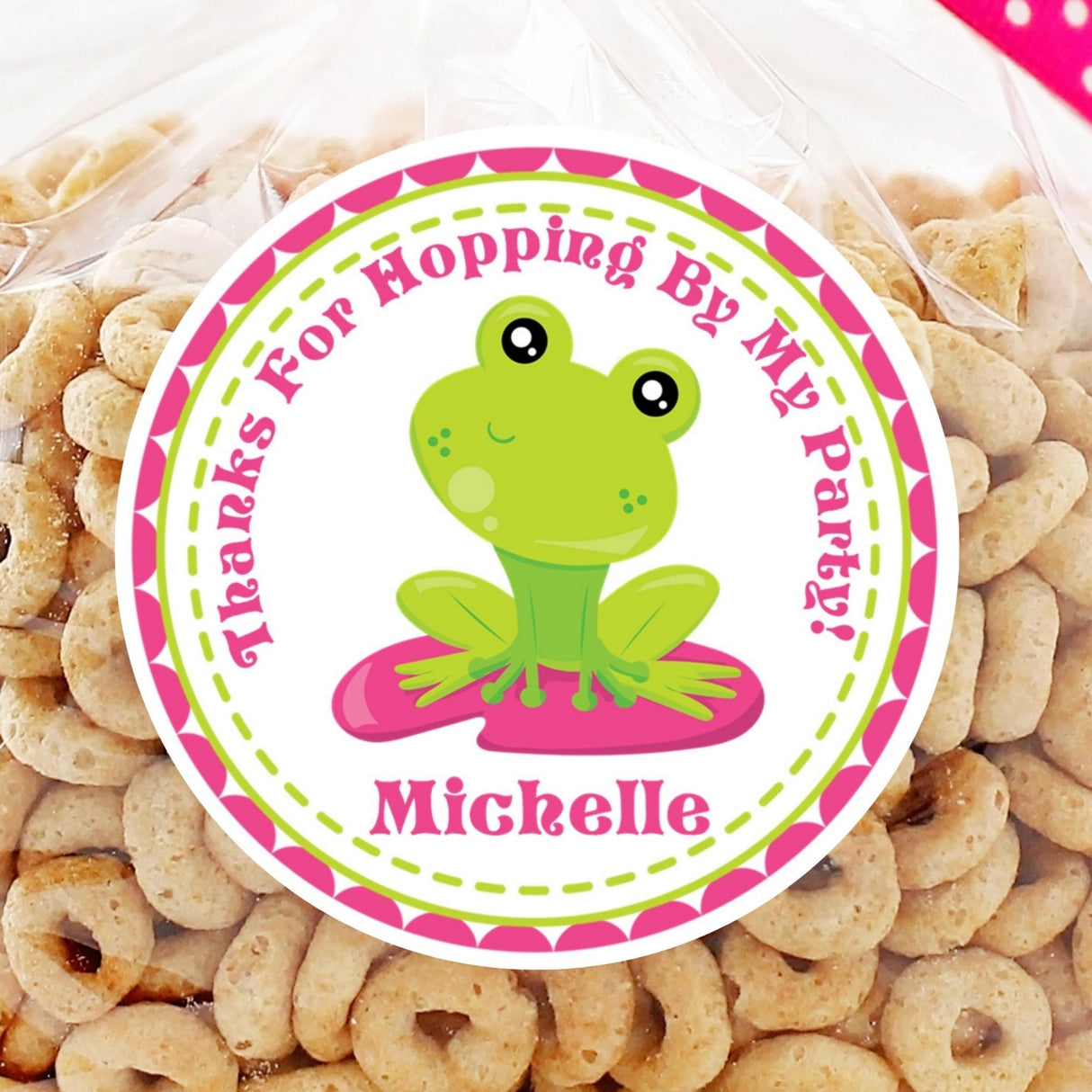 Pink frog birthday sticker with lily pad and personalized name