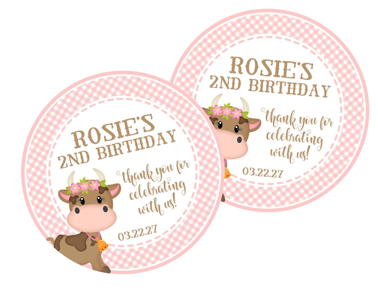 Pink gingham barnyard favor label for girls