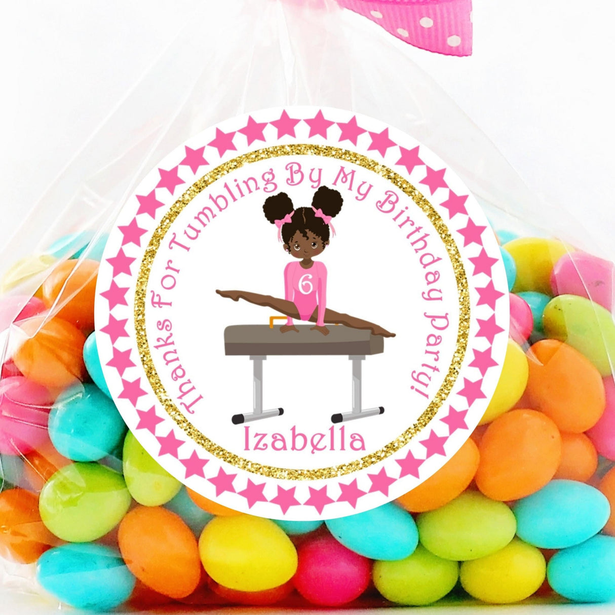 Pink girl gymnastics party favor sticker with gold glitter-style border