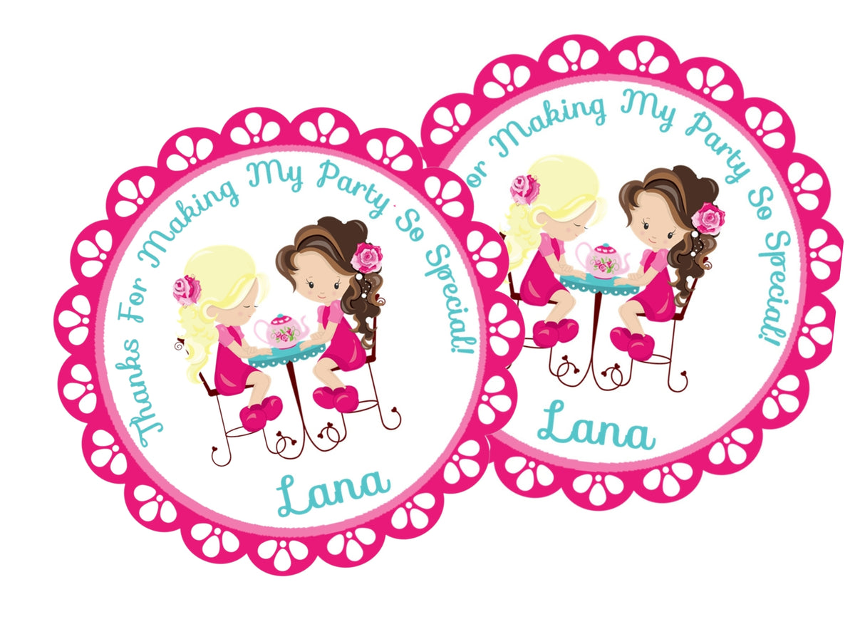 Pink girls tea party birthday sticker with two friends