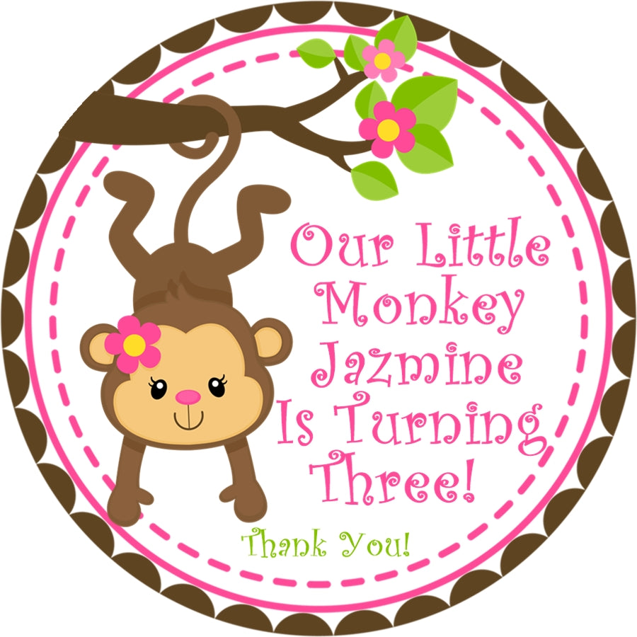 Pink green girls monkey birthday sticker jungle monkey design