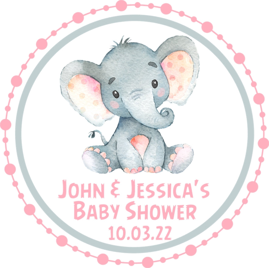 Pink grey elephant baby shower stickers