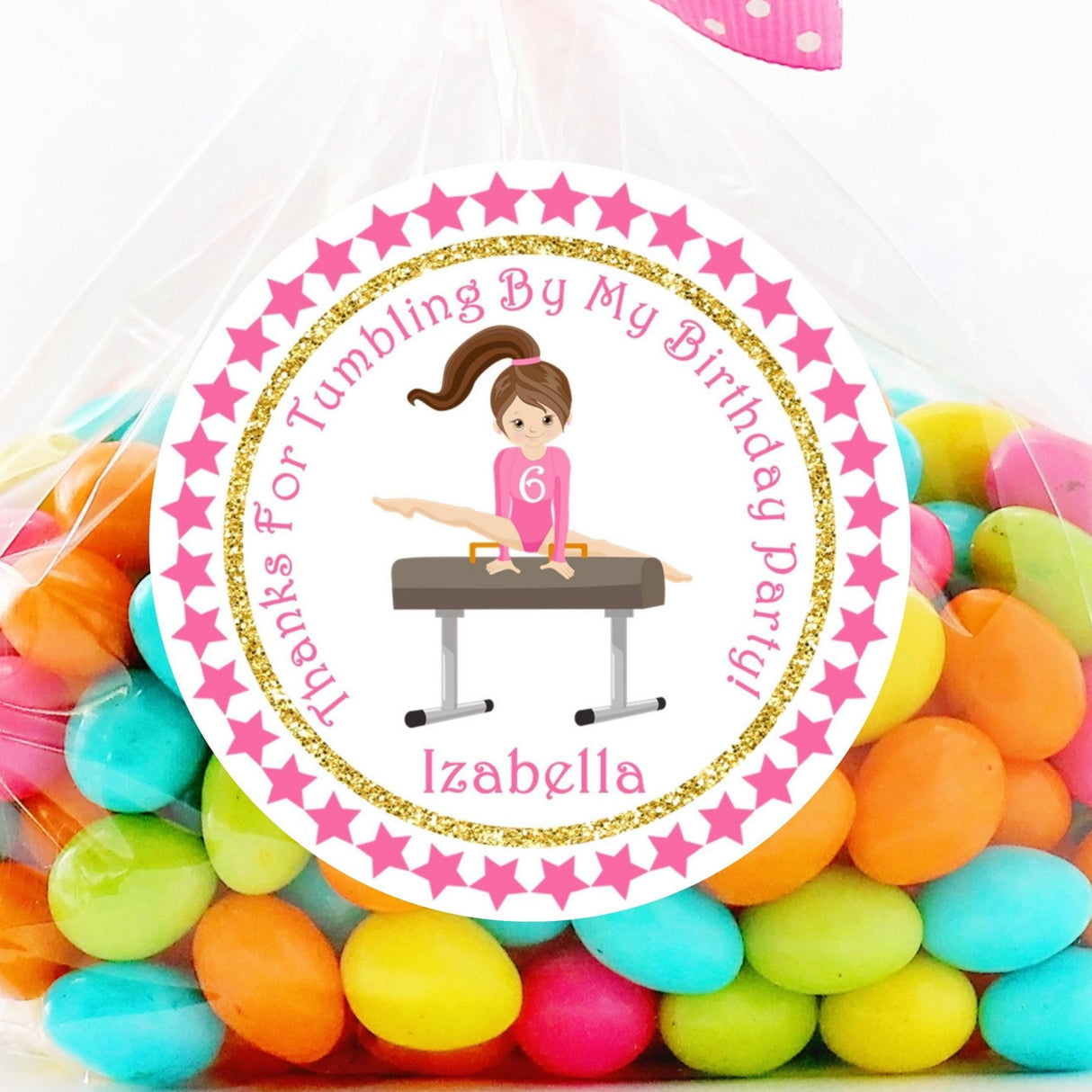 Pink gymnastics birthday sticker with split leap girl
