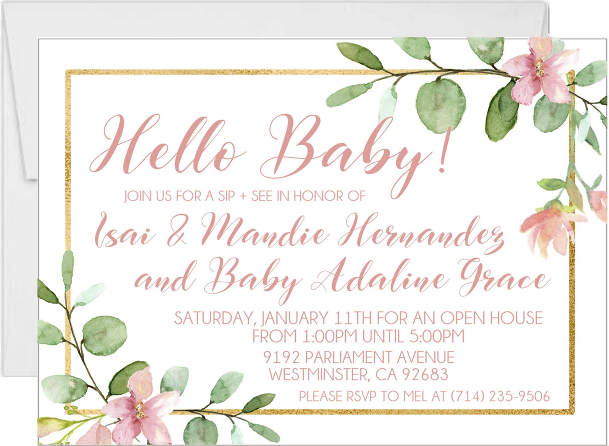 Pink hello baby sip and see invitation floral design