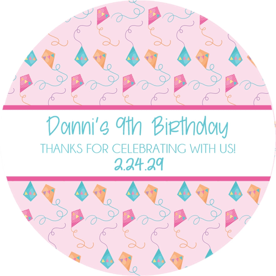 Pink kite themed birthday party sticker