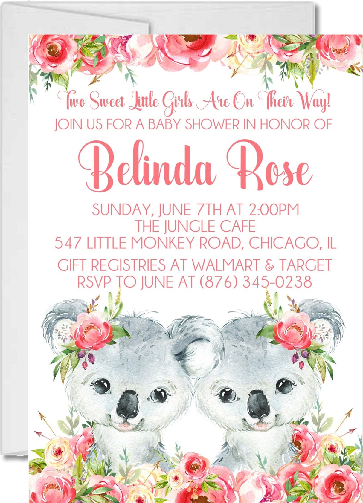 Pink koala baby shower invitations for twins