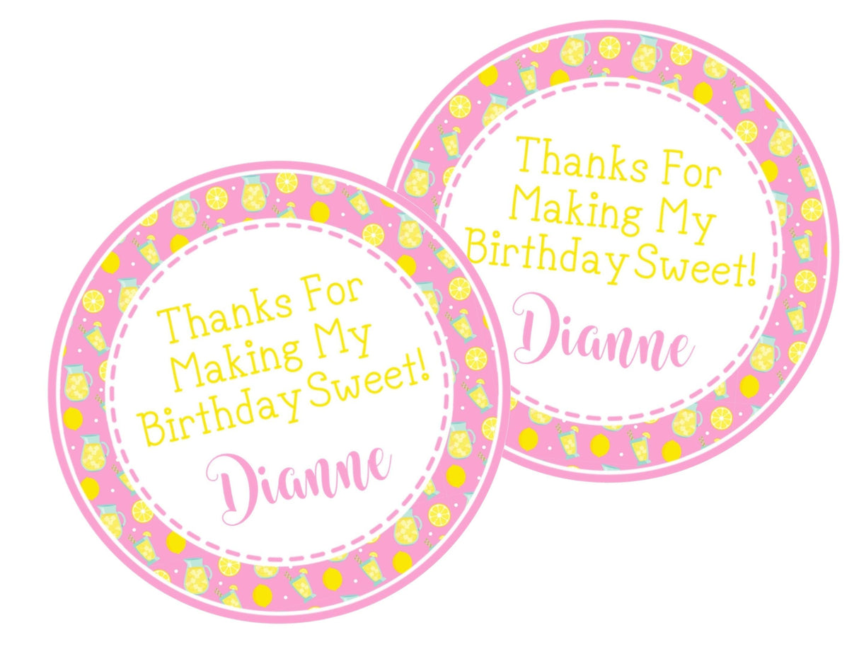 Pink lemonade birthday sticker with lemons and lemonade pitchers