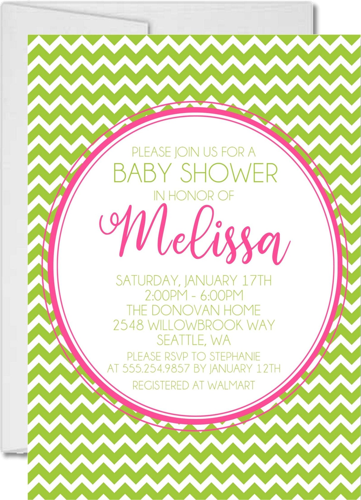 Pink lime chevron baby shower invitations colorful zig zag pattern design