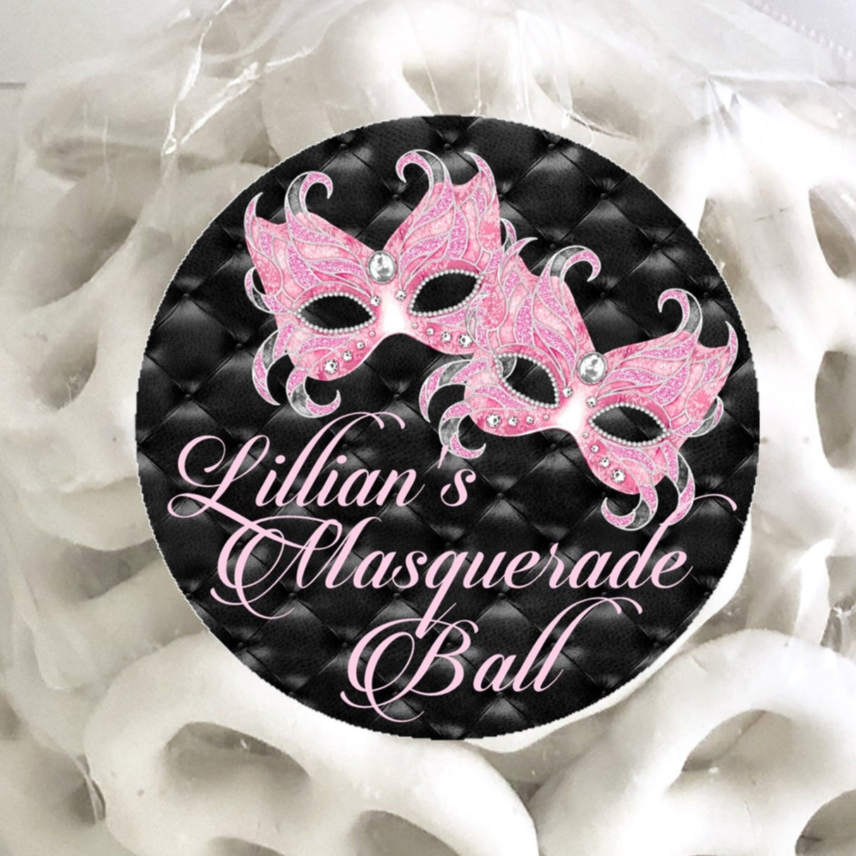 Pink masquerade birthday sticker with elegant mask design