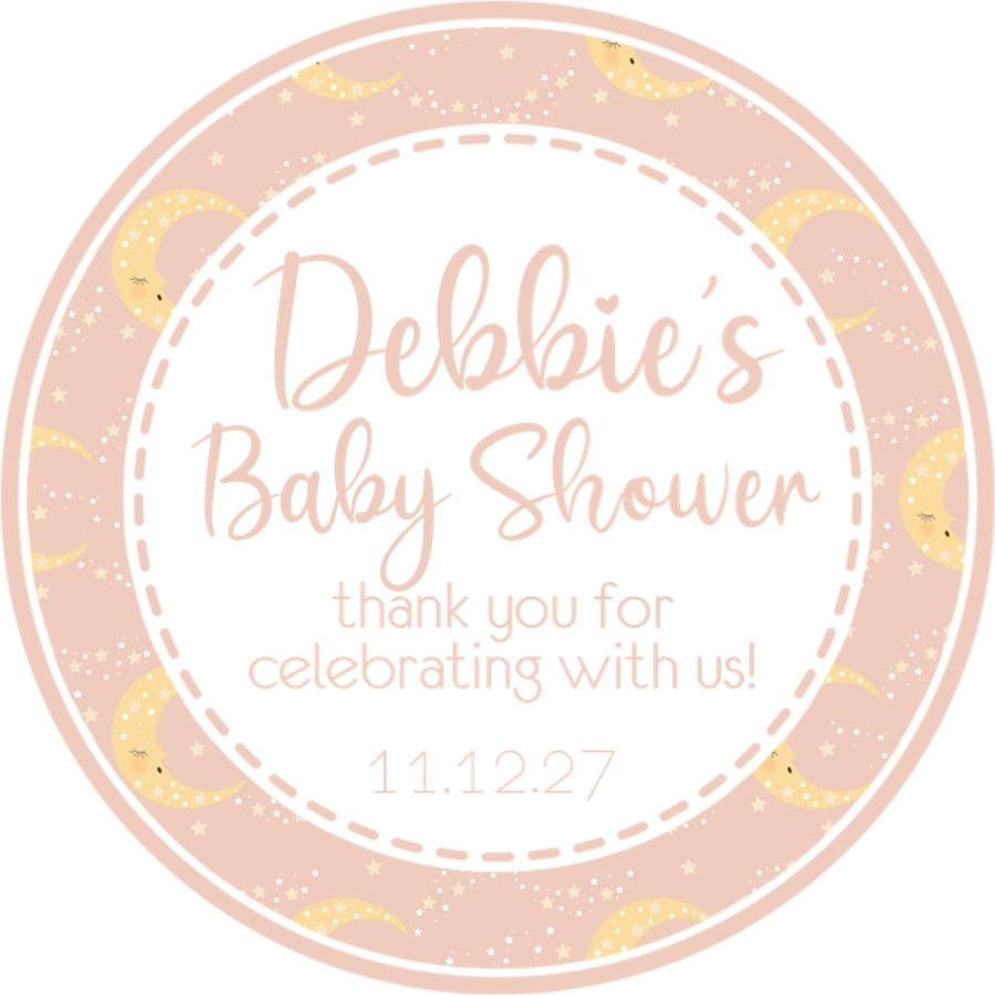 Pink moon and stars baby shower sticker with soft celestial design
