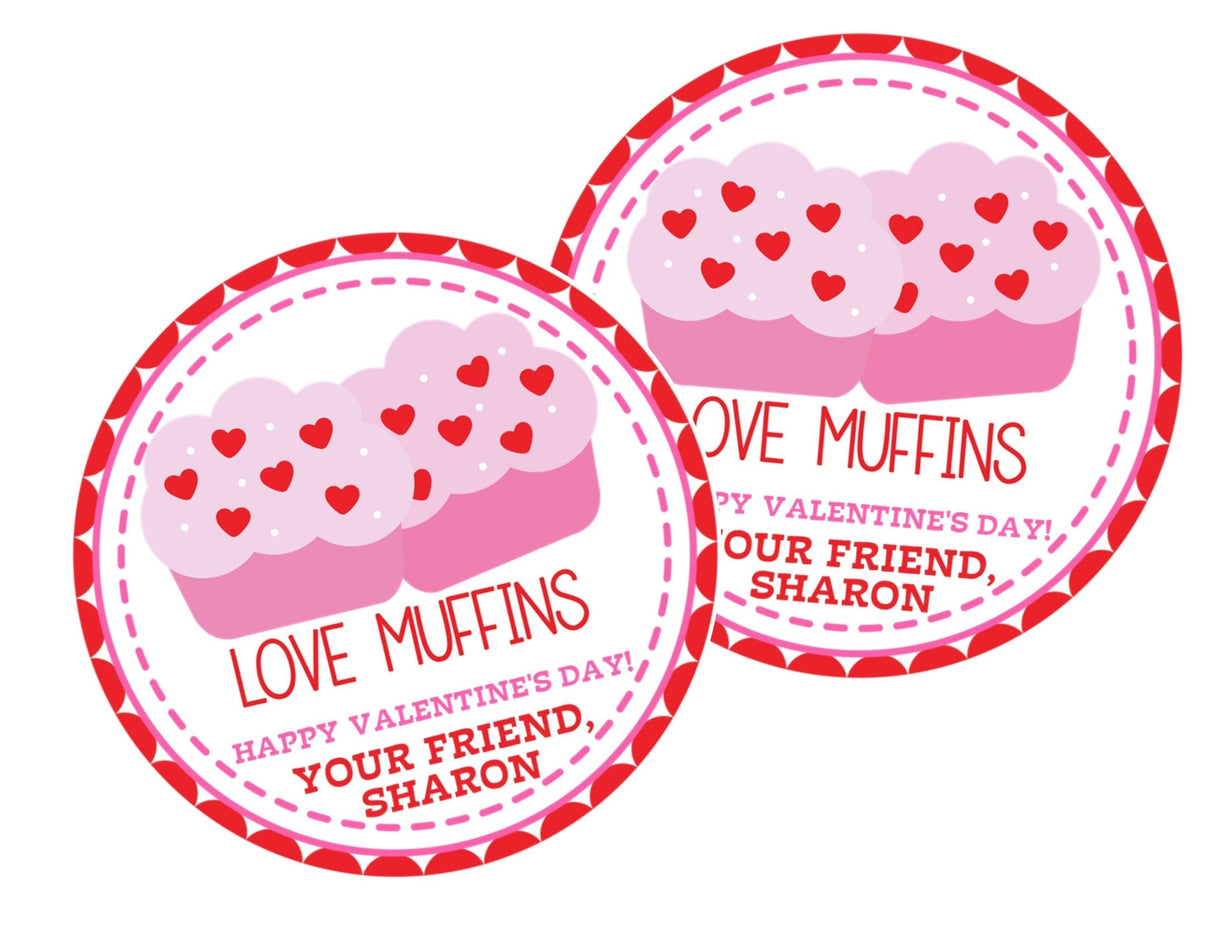 Pink muffin Valentine favor label with hearts