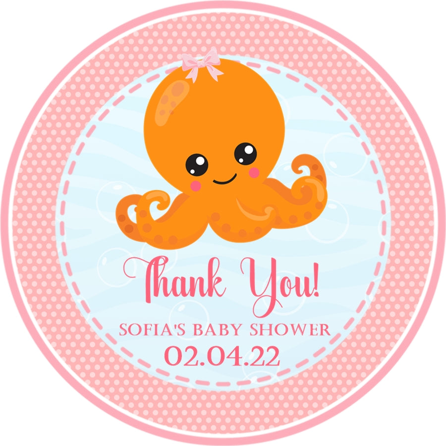 Pink octopus baby shower sticker with polka dot background