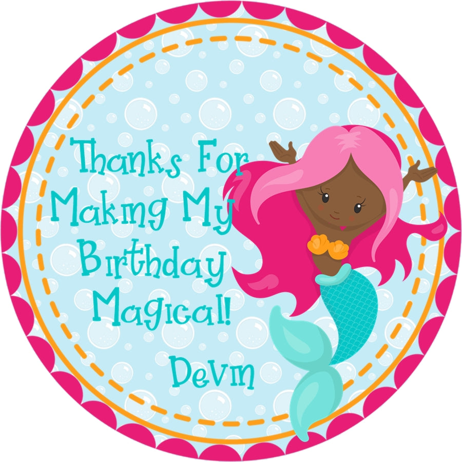 Pink orange mermaid birthday stickers