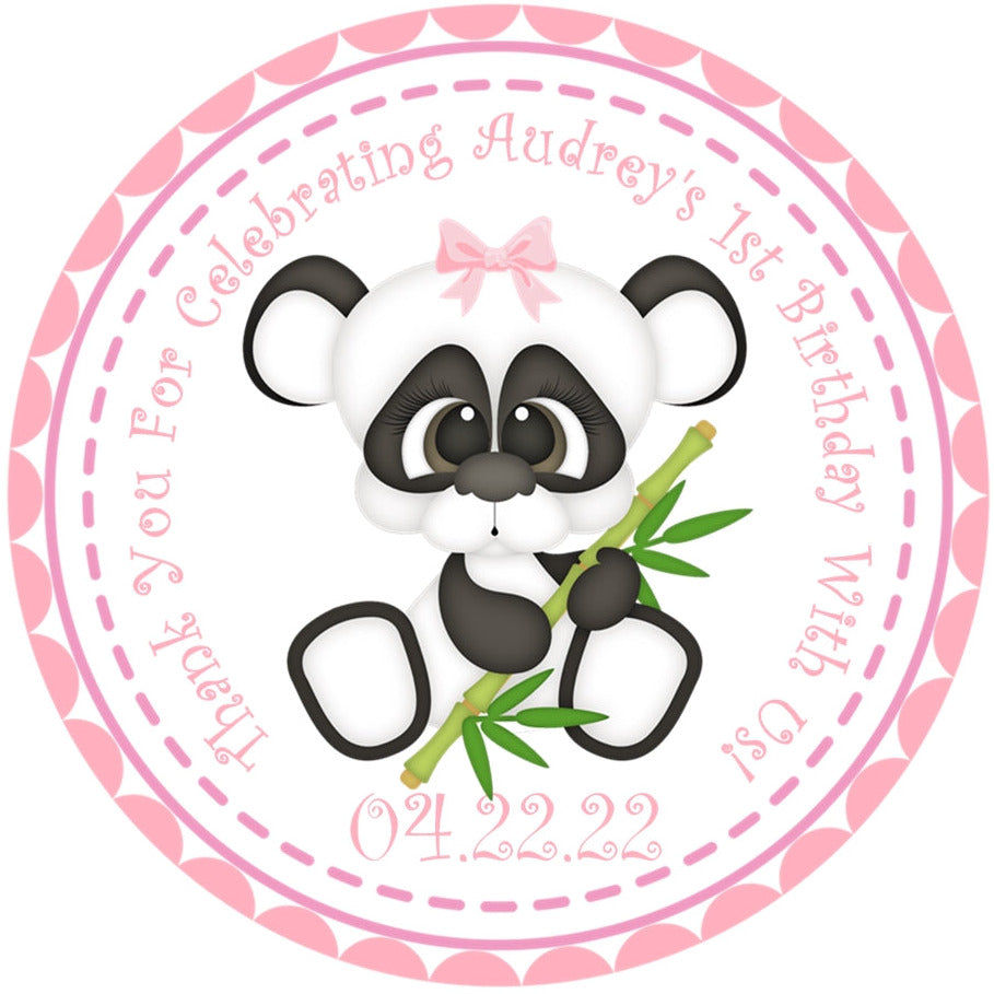 Pink panda birthday sticker with bow and personalized name and date